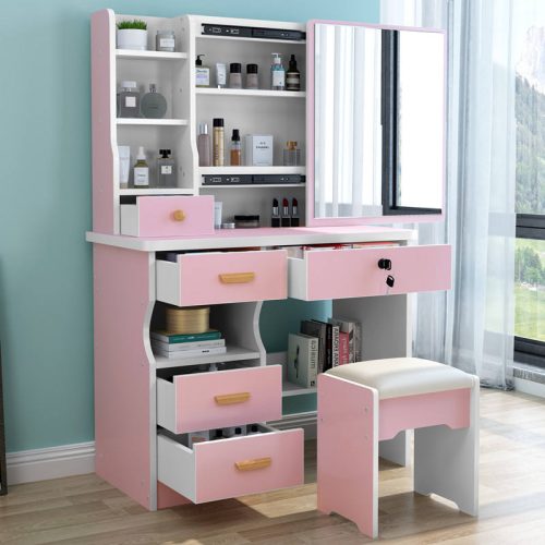 Makeup Dressing Vanity Set With Stool And Mirror Bedroom Furniture MDF Dressing Table - Image 4