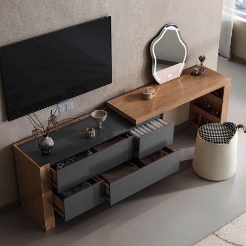 Bedroom Vanity Table Set Wooden Makeup Dressing Table Modern Storage Cabinet Chest Of Drawer Dresser Table With Chair Set - Image 4