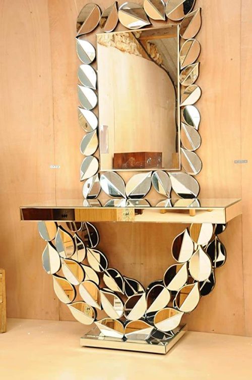 Glass Gold Leaf Living Room Console Tables Hotel Entry Hallway Table With Sparkly Diamond Wall Mirror - Image 4