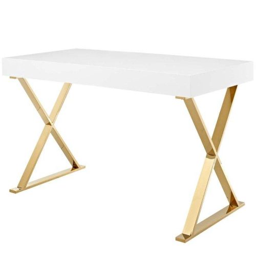 High Glossy White Wood Painting Stainless Steel Base Writing Desk Luxury Modern Console Table Furniture (Chair not included) - Image 4