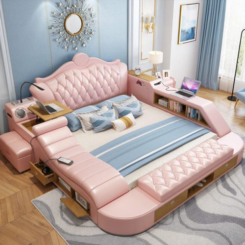 Modern Luxury Leather Smart Big Bed Tatami Multifunctional Bed with Under-Bed Storage Music Speakers