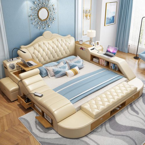 Leather Double Bed Multifunctional Storage Smart Bed with Massage Function