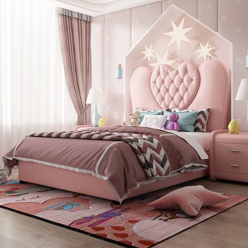 Leather Luxury Girl and Boys Modern Storage Pink Double Solid Wood Kids Bed Frame Room Furniture Set