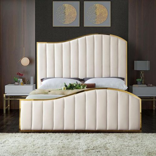 Royalty Velvet Upholstered Bed Stylish Rich Gold Trimming Metal Frame Headboard Footboard Bed