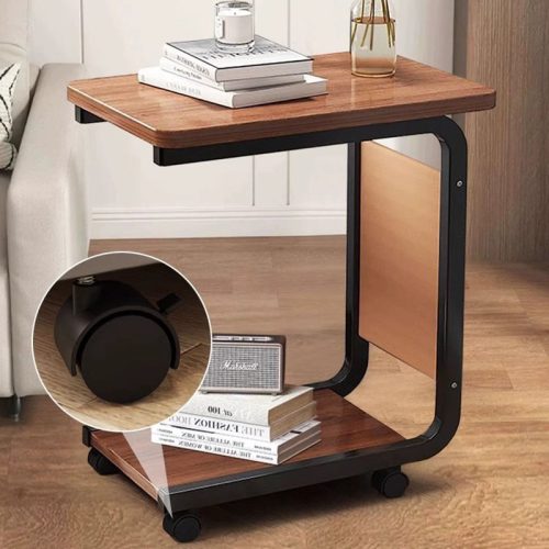 Corner Coffee Bedside Table with Wheels C Shape 2 Tiers End for Small Space in Living Room Rolling Storage Rack Shelf - Image 4