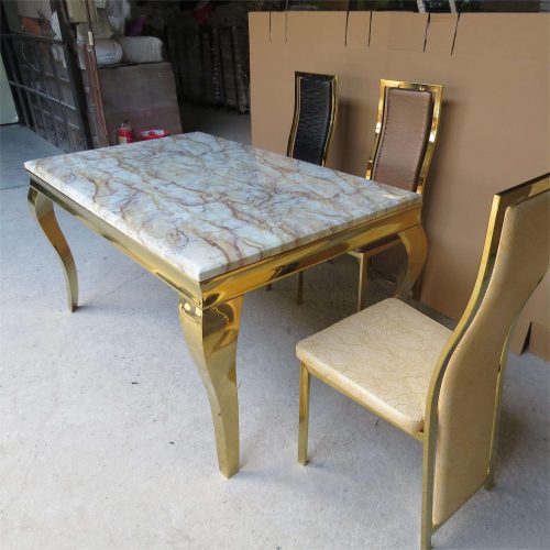 European Modern Dining Room Table 4 6 8 Chairs Seater Dining Table Set Luxury Gold Stainless Steel Marble Dining Table - Image 5