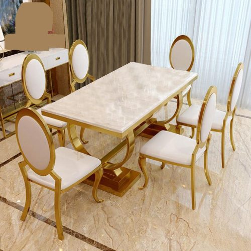 Foshan Furniture Marble Dining Table Set Restaurant Gold Metal Luxury Dining Table with 6 Chairs for Sale DT004 - Image 5