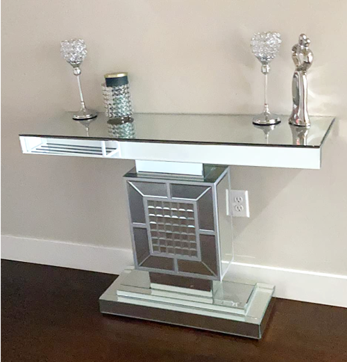 Modern Glam Mirrored Rectangular Console Table Ant Silver Mosaic Glass Inset for Spaces Living Room Home Entryway Bedroom Office - Image 5