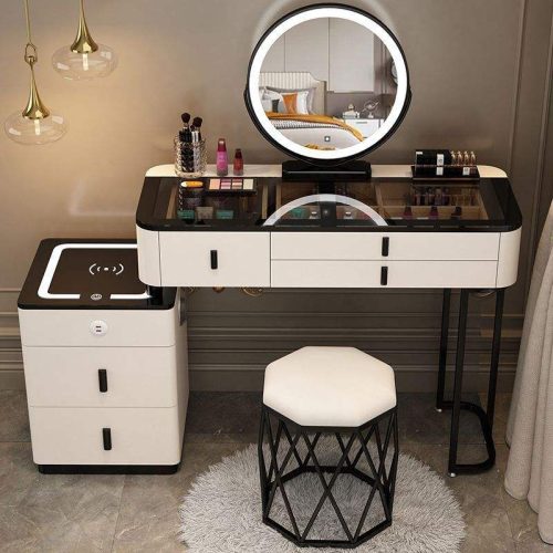 Modern Bedroom Furniture Multi Functional Wood Dresser Dressing Table With Led Lights Smart Mirror (Stool not included) - Image 5