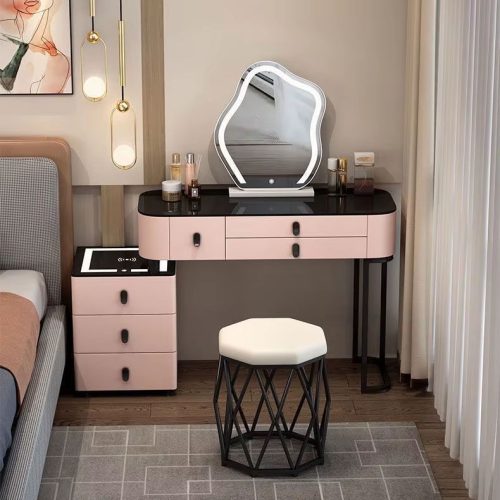 Solid Wood Bedroom Smart Home Multifunctional Dresser Scandinavian Black Tech Vanity With Round Chair Smart Mirror (Stool not included) - Image 5