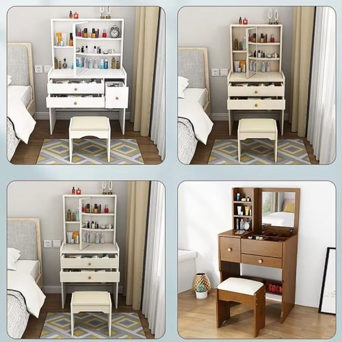 New Small Apartment Makeup Table Bedroom Minimalist Dressing Table Set Wood Dresser Set With Stool - Image 5