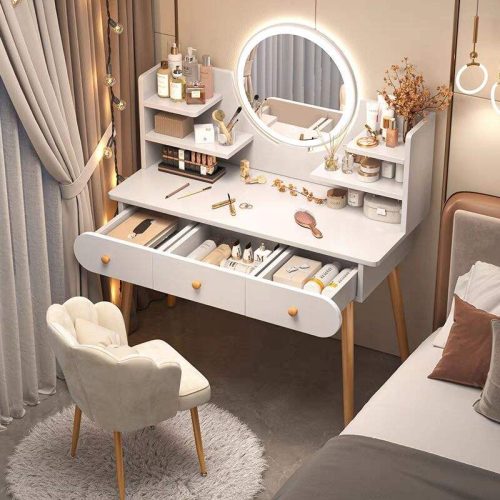 Simple Modern Small Storage Cabinet Wood Vanity Makeup Table With LED Mirror(Stool not included) - Image 5