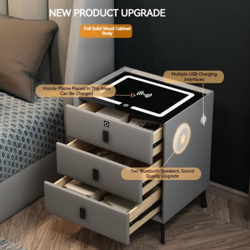 Hot Modern Smart Bedside Table Luxury Multi-functional White Wood Nightstand with 3 Drawers Fingerprint Lock Wireless Charging  30*40*61cm - Image 5