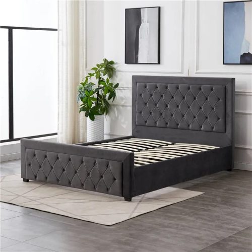 Dark Grey Velvet Fabric Italian Design Upholstered Ottoman Queen Bed Frame With Tufted Headboard And Bed Foot - Image 4