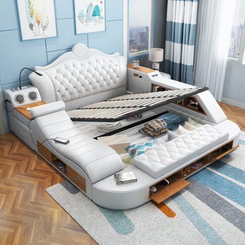 Leather Double Bed Multifunctional Storage Smart Bed with Massage Function - Image 5