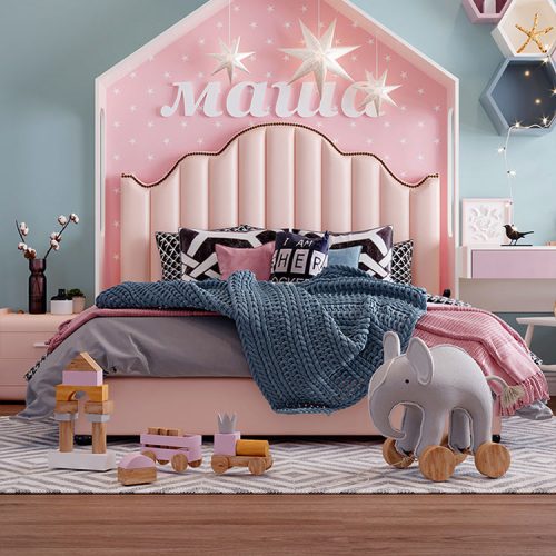 Leather Luxury Girl and Boys Modern Storage Pink Double Solid Wood Kids Bed Frame Room Furniture Set - Image 6