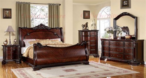 Carved Sleigh Bed Antique Solid Wood Sleigh Bed Design Full Bedroom Set - Image 6