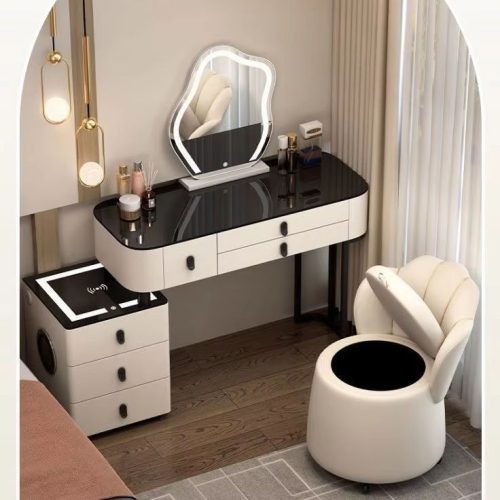 Solid Wood Bedroom Smart Home Multifunctional Dresser Scandinavian Black Tech Vanity With Round Chair Smart Mirror (Stool not included) - Image 6