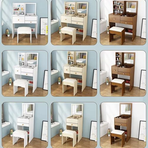 New Small Apartment Makeup Table Bedroom Minimalist Dressing Table Set Wood Dresser Set With Stool - Image 6