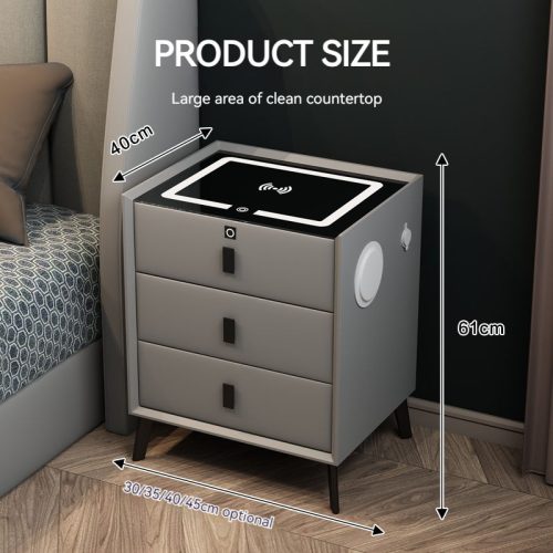 Hot Modern Smart Bedside Table Luxury Multi-functional White Wood Nightstand with 3 Drawers Fingerprint Lock Wireless Charging  30*40*61cm - Image 6