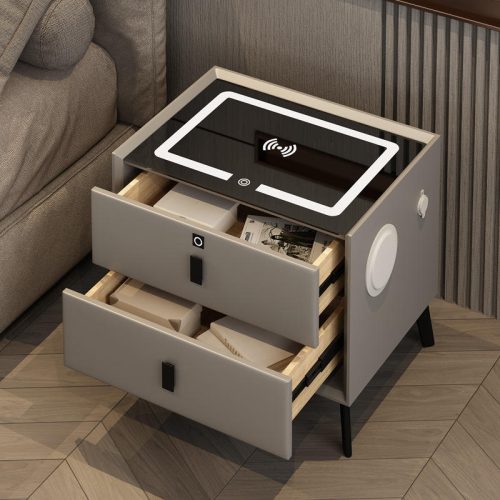 Smart Bedside Table Light Luxury Full Solid Wood Multi-functional Nightstand With Wireless Charging Fingerprint Lock - Image 7