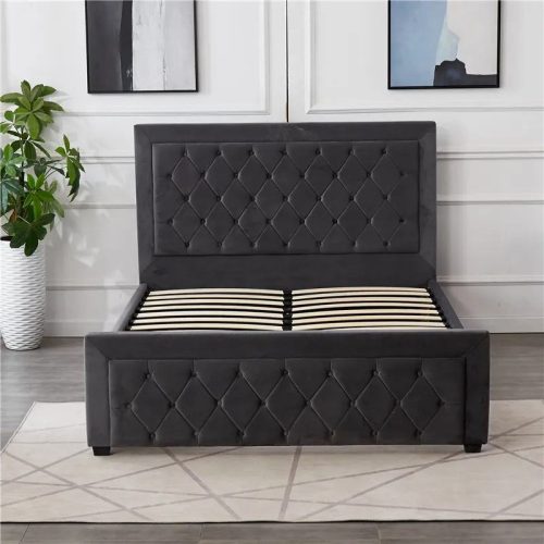 Dark Grey Velvet Fabric Italian Design Upholstered Ottoman Queen Bed Frame With Tufted Headboard And Bed Foot - Image 5