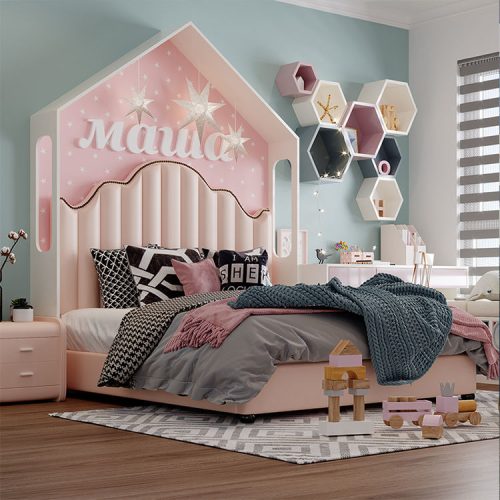 Leather Luxury Girl and Boys Modern Storage Pink Double Solid Wood Kids Bed Frame Room Furniture Set - Image 7