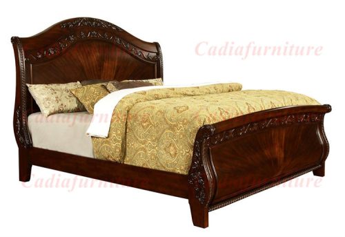 Carved Sleigh Bed Antique Solid Wood Sleigh Bed Design Full Bedroom Set - Image 7