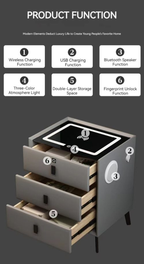 Hot Modern Smart Bedside Table Luxury Multi-functional White Wood Nightstand with 3 Drawers Fingerprint Lock Wireless Charging  30*40*61cm - Image 7