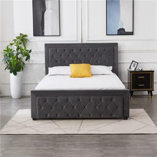 Dark Grey Velvet Fabric Italian Design Upholstered Ottoman Queen Bed Frame With Tufted Headboard And Bed Foot - Image 6