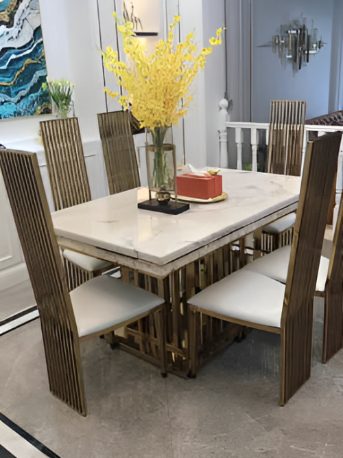 Luxury Marble Countertop Dining Table with 6 Leather Chairs