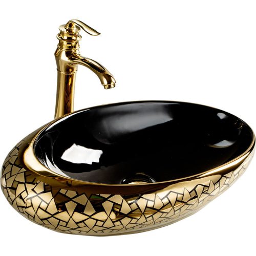 Washbasin Counter Top Bathroom Vessel Sink Gold Plated Hand Wash Basin Oval Art Basin