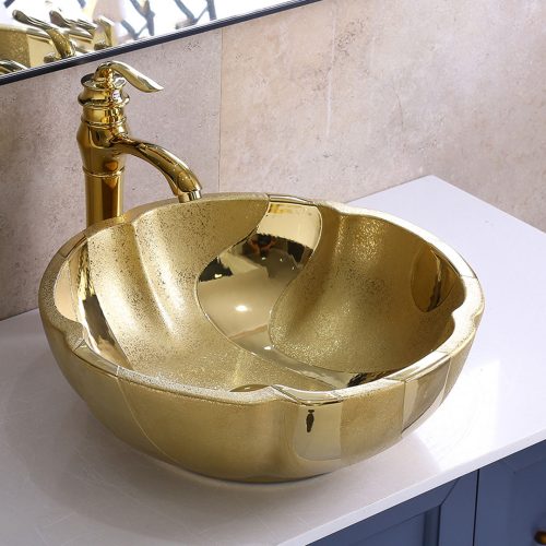 Lavabo Fashionable Single Hole Ceramic Art Wash Basin Mini Round Gold Color Bathroom Sink