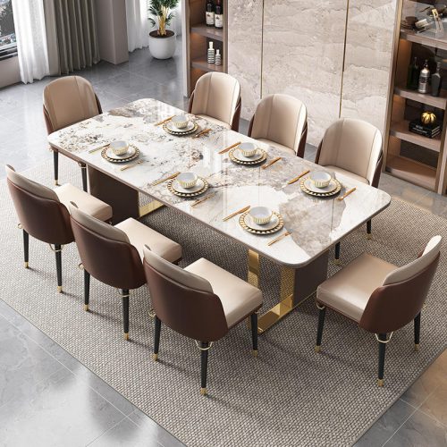 Luxury Modern 6-Seater Marble Stainless Steel Dining Table Set with 8 Chairs for Home or Hotel Dinning Room Furniture