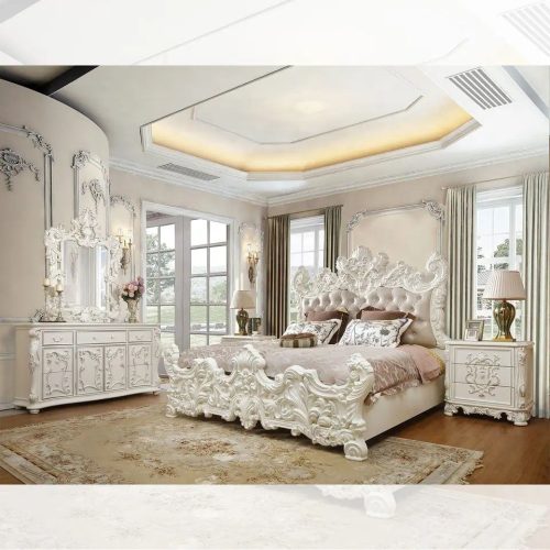 Rococo Style Ivory White Wooden 5PC Luxury Bedroom Set Italian Hand Carved Crown Bed With Tufted Leather Headboard