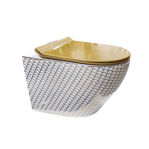 Luxury Ceramic Gold Color Wall Mount Toilet Bowl One Piece Modern Round Cover Seat Smart Toilet P-trap Wall Hang