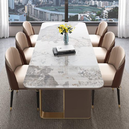 Luxury Modern 6-Seater Marble Stainless Steel Dining Table Set with 8 Chairs for Home or Hotel Dinning Room Furniture - Image 2