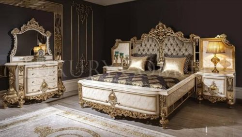 Wooden And Gold Double Bed Genuine Leather Bed Frame Double King Size Bed - Image 4