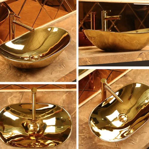 Ceramic Lobby Sink Bathroom Sanitary Ware Luxury Gold Black Tabletop Washing Basin - Image 3