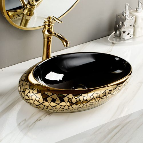 Washbasin Counter Top Bathroom Vessel Sink Gold Plated Hand Wash Basin Oval Art Basin - Image 3