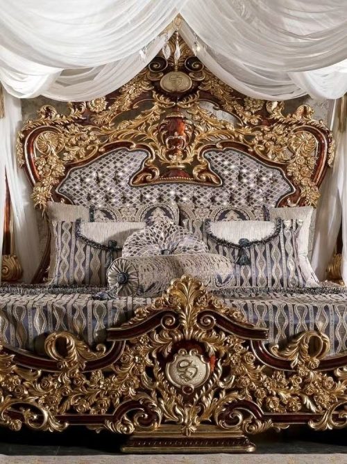 Imperial Hand Made European Rococo Gold Leafing Antique Bed 200X200X200 cm