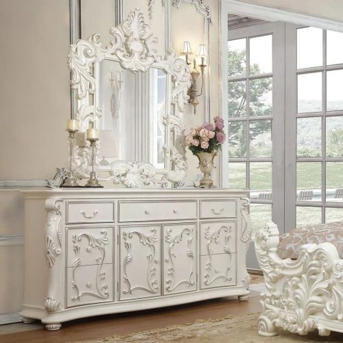 Rococo Style Ivory White Wooden 5PC Luxury Bedroom Set Italian Hand Carved Crown Bed With Tufted Leather Headboard - Image 4