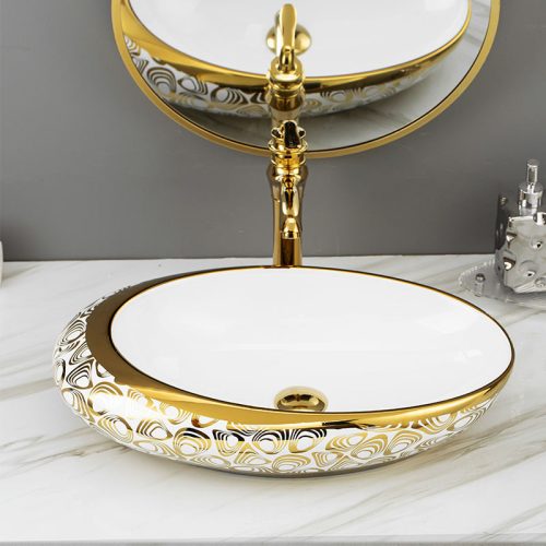 Washbasin Counter Top Bathroom Vessel Sink Gold Plated Hand Wash Basin Oval Art Basin - Image 4