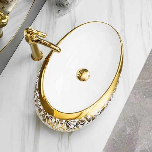 Washbasin Counter Top Bathroom Vessel Sink Gold Plated Hand Wash Basin Oval Art Basin - Image 5