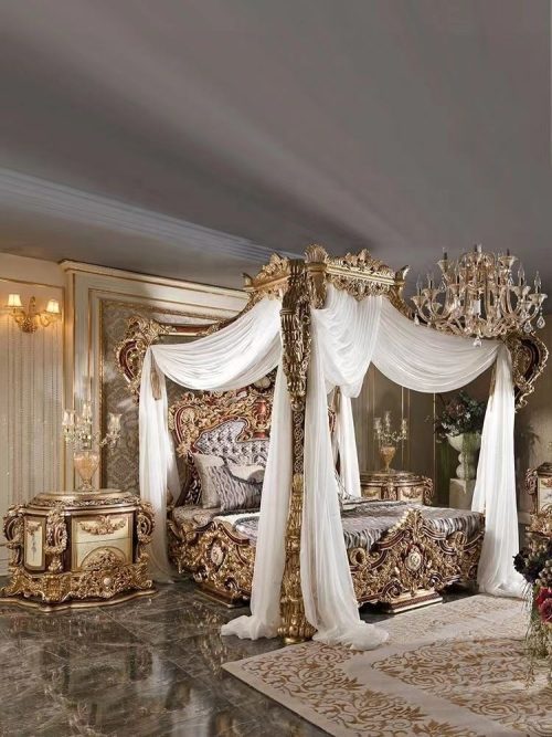 Imperial Hand Made European Rococo Gold Leafing Antique Bed 200X200X200 cm - Image 4