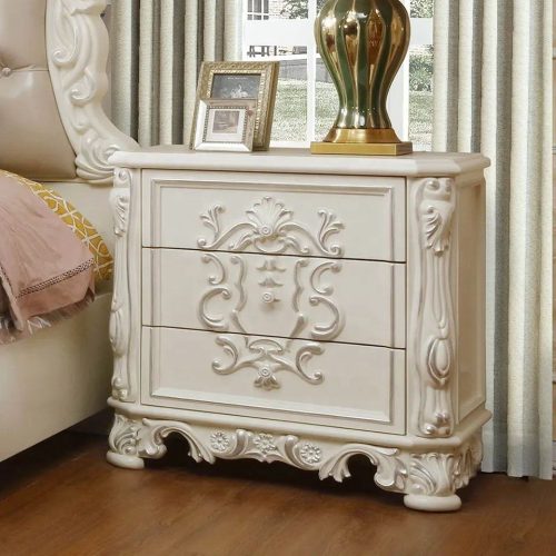 Rococo Style Ivory White Wooden 5PC Luxury Bedroom Set Italian Hand Carved Crown Bed With Tufted Leather Headboard - Image 6