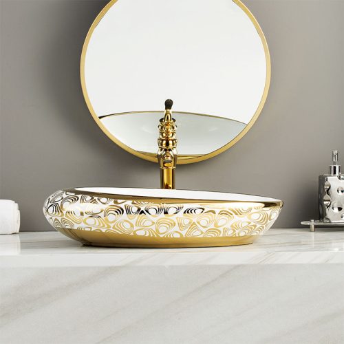 Washbasin Counter Top Bathroom Vessel Sink Gold Plated Hand Wash Basin Oval Art Basin - Image 6