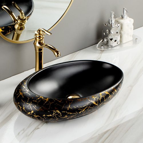 Washbasin Counter Top Bathroom Vessel Sink Gold Plated Hand Wash Basin Oval Art Basin - Image 7